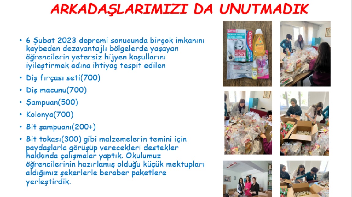 KEMAL PİRECİ ANADOLU LİSESİ ÖĞRENCİLERİ DEPREM BÖLGESİNE YARDIM ELİ UZATTI